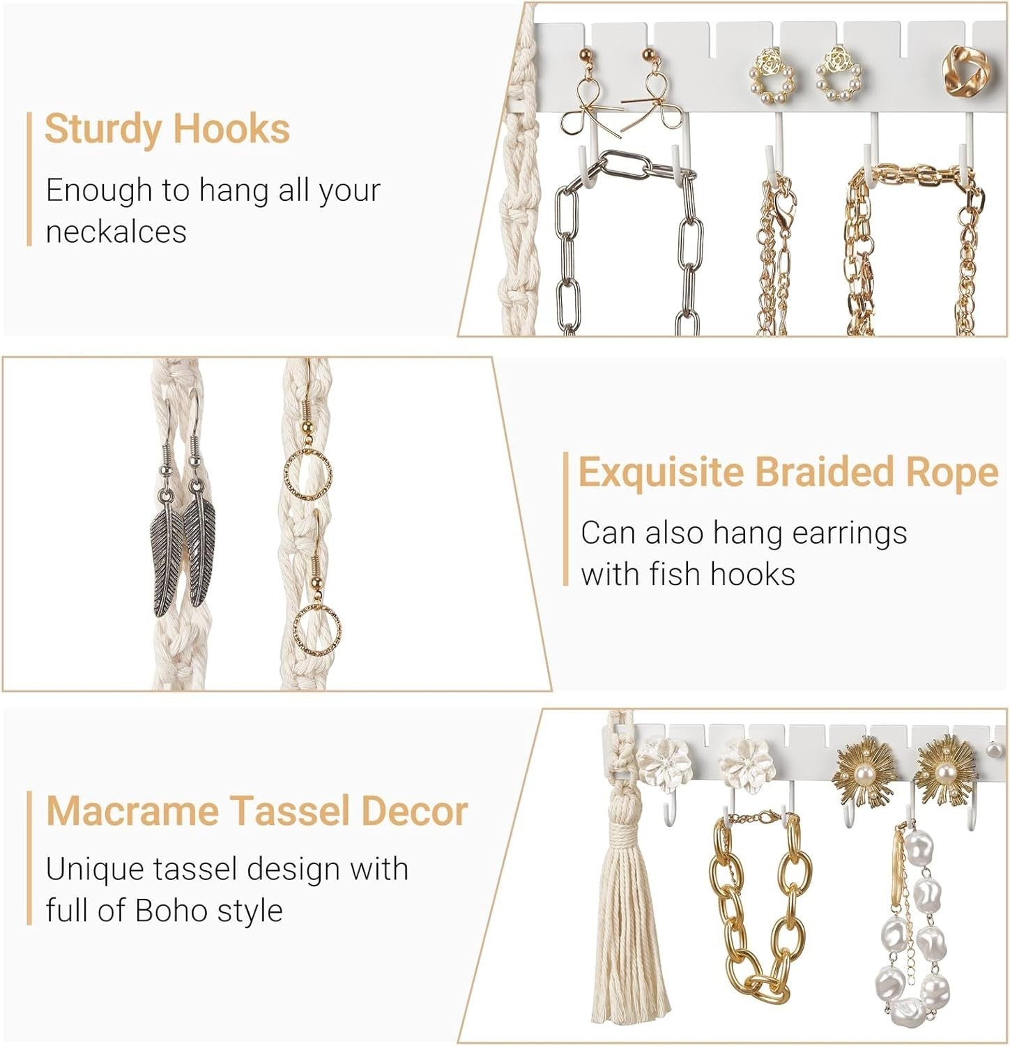 Boho Macrame Jewelry Organizer – Wall Mounted Necklace & Earring Rack
