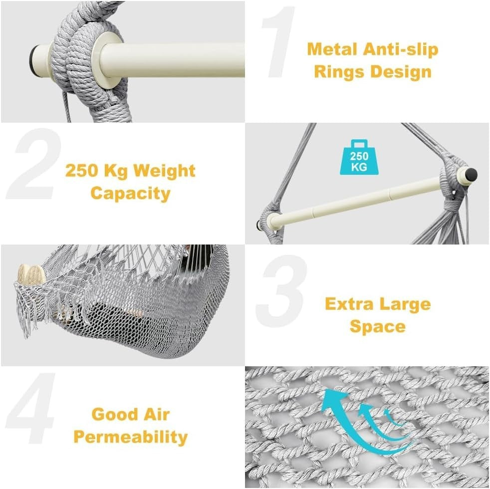 Grey Hammock Chair with Breathable Cotton Mesh – Indoor Outdoor Swing Seat