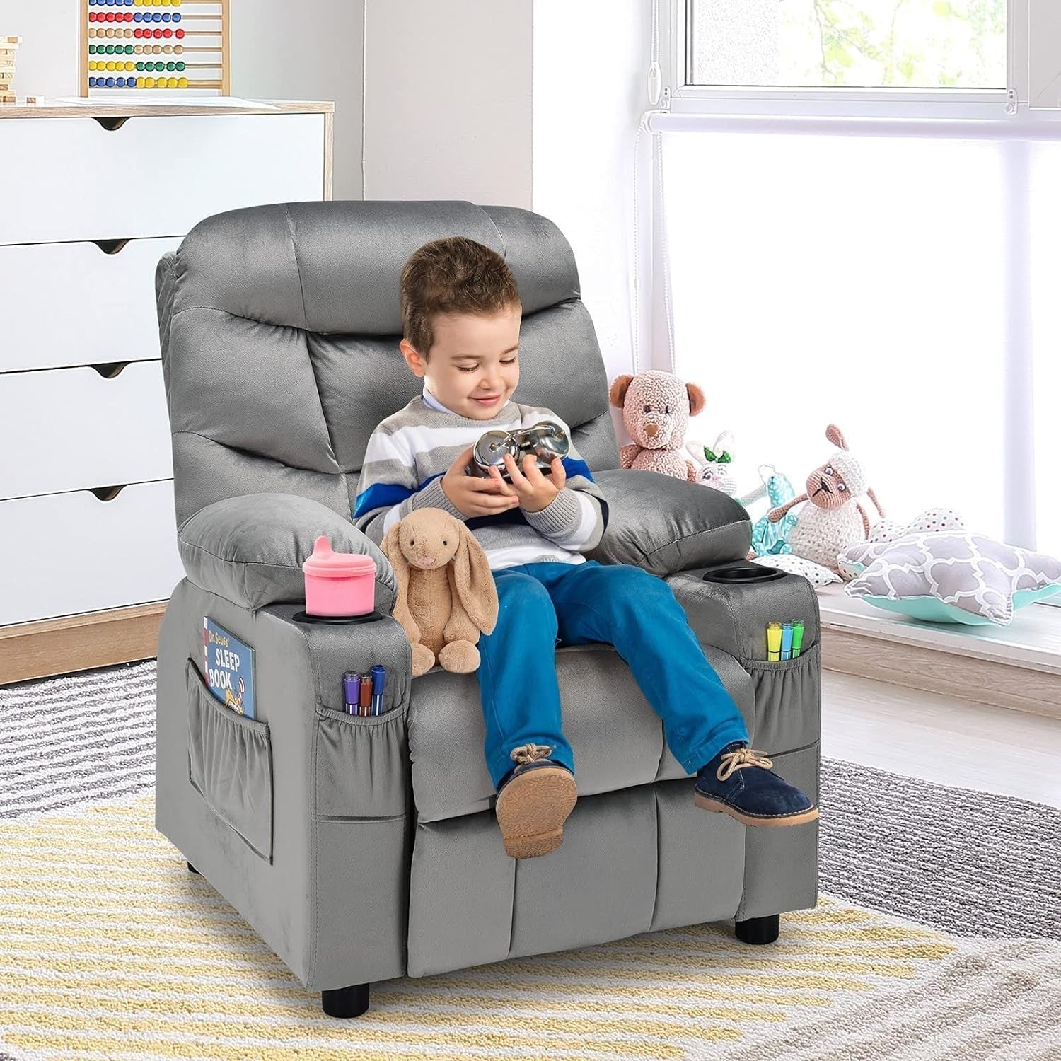 Adjustable Kids Recliner Chair with Footrest, Cup Holders & Side Pockets