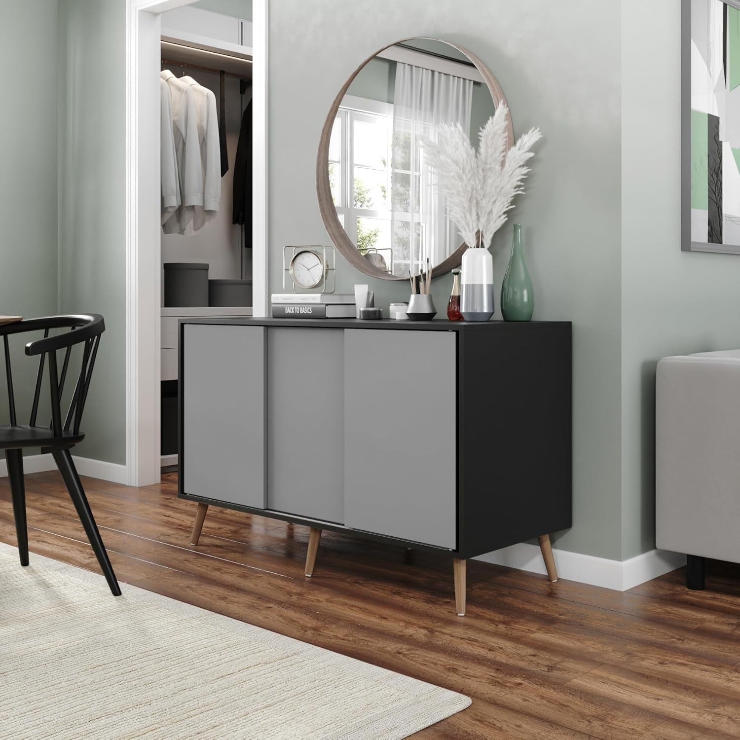 120cm Sliding Door Sideboard Cabinet with Pine Legs, Modern Storage Unit