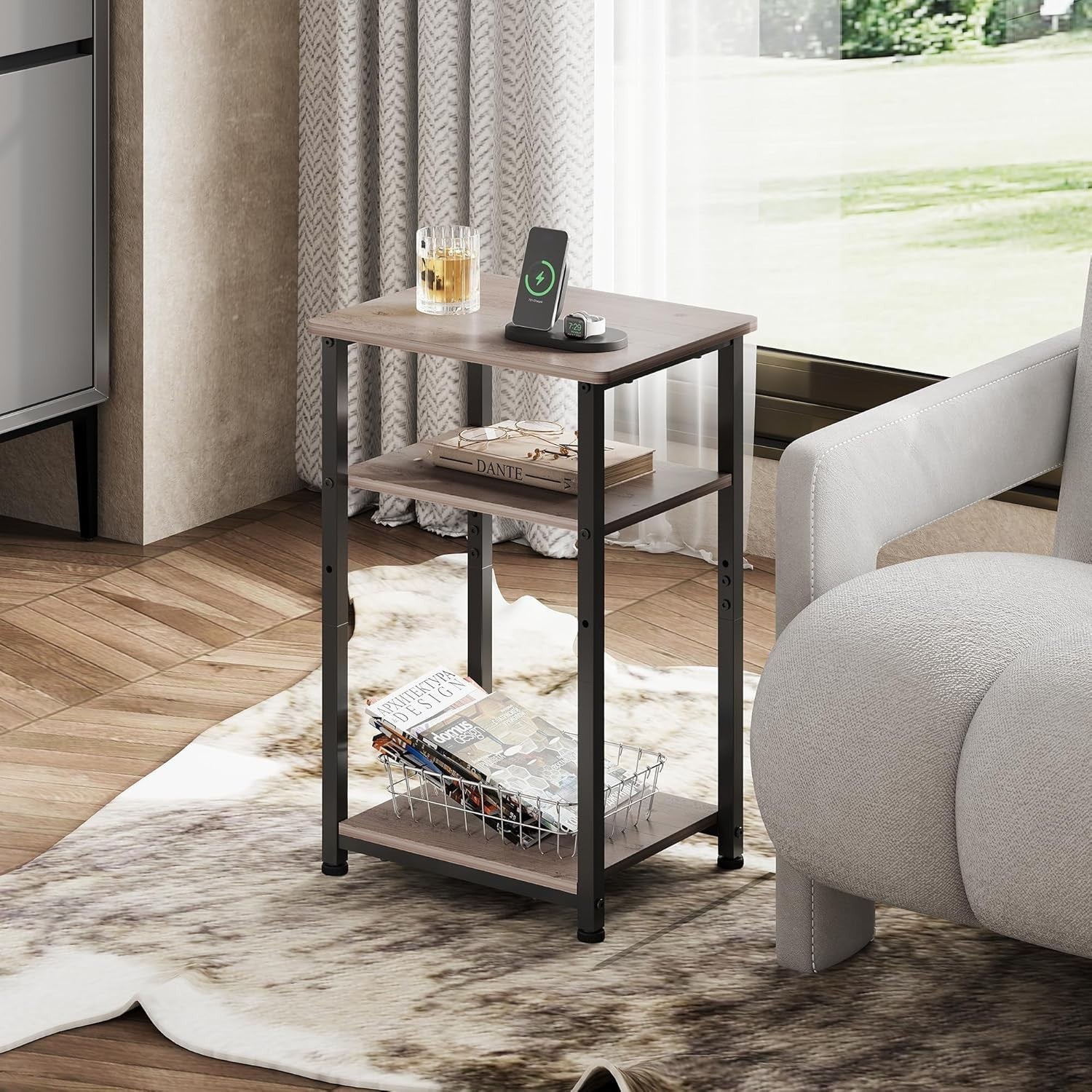 3-Tier Side Table – 56x37x31cm End Table Oak Wood Steel Frame