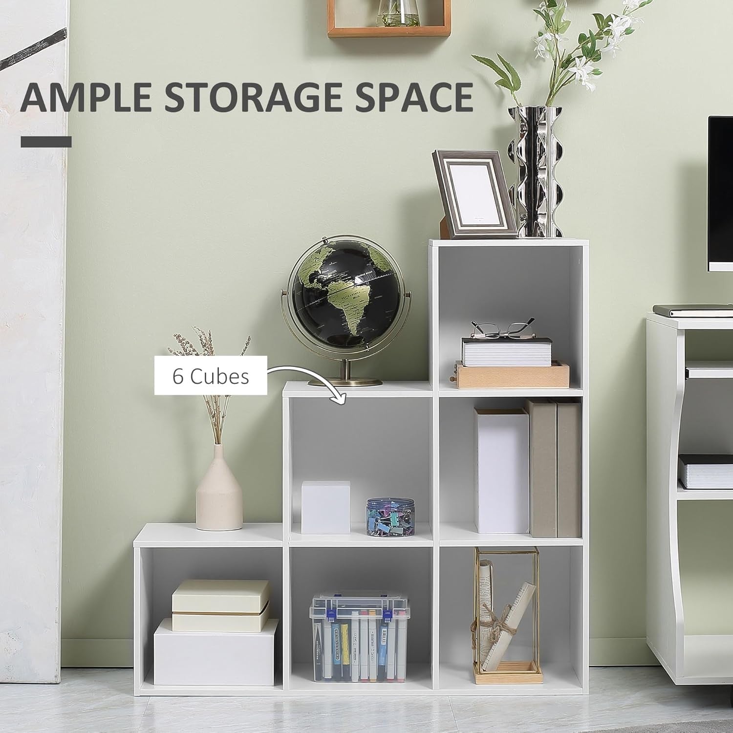 Modern 3-Tier Cube Storage Shelf, 6 Cube Bookcase Unit, Freestanding Step Design