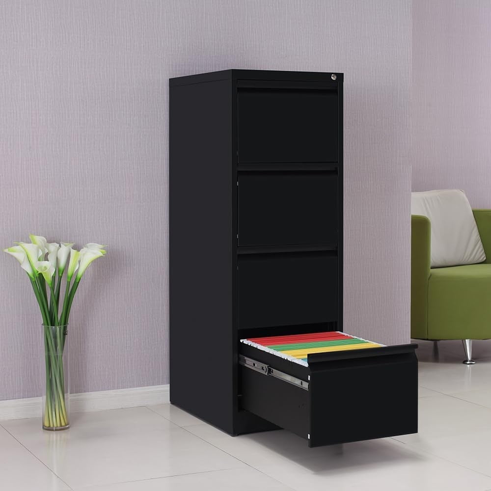 Black 4 Drawer Locking Filing Cabinet Metal Office Storage Unit Heavy Duty