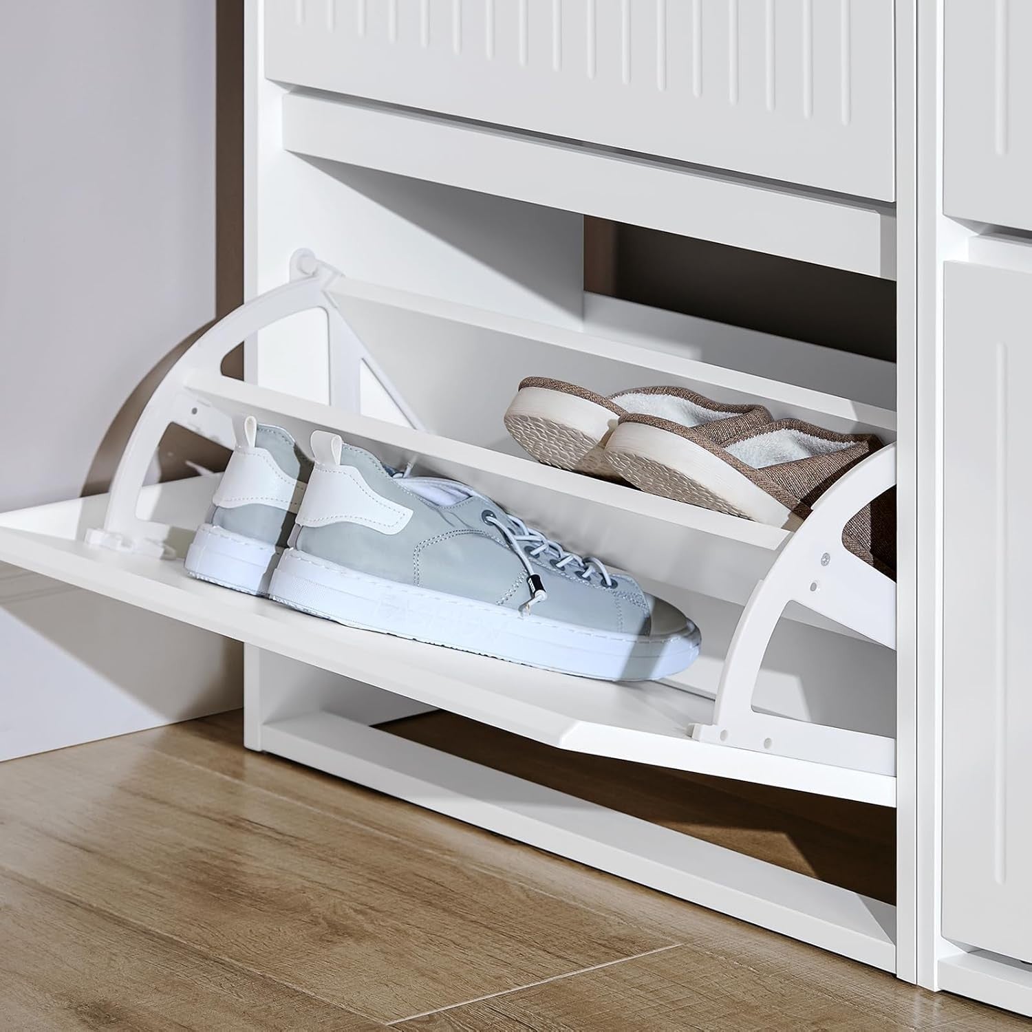 Tall White Shoe Cabinet – Slim 3 Flip Drawer Storage Unit 120cm Hallway