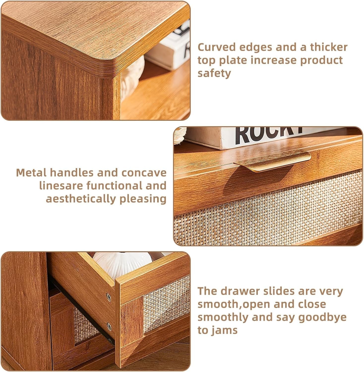 Wide Rattan Bedside Table with 2 Drawers Boho Wood Nightstand Storage Cabinet