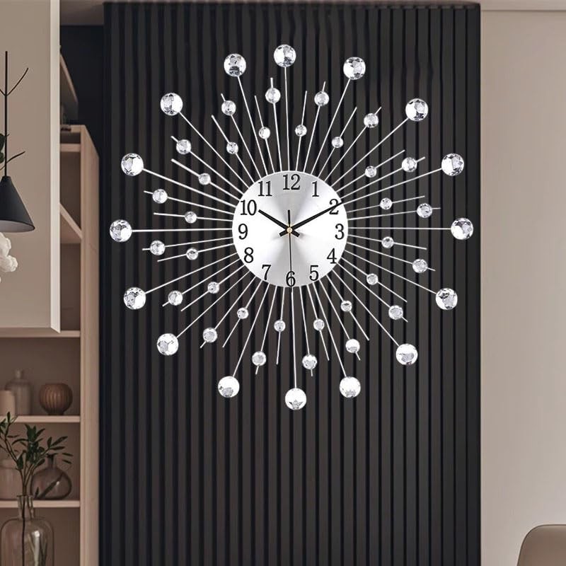 Modern Crystal Sunburst Wall Clock 50cm – Large Silent Luxury Metal Decor