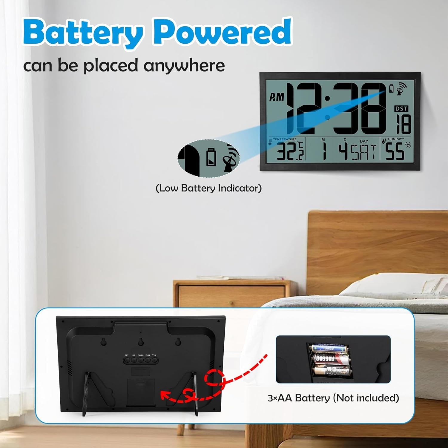 Large Digital Wall Clock 16.7” LCD Temperature Humidity Atomic Time