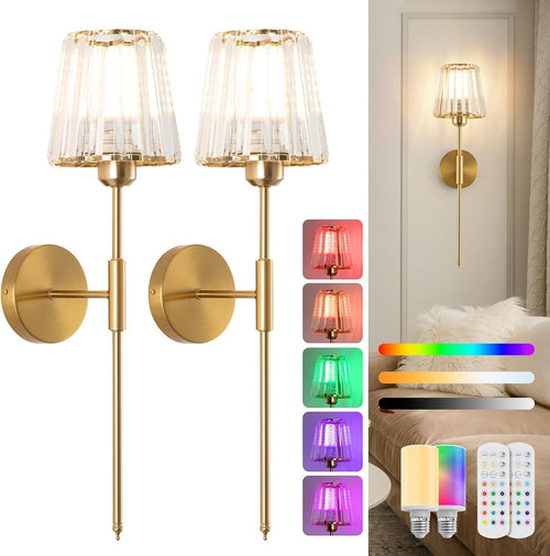Gold Crystal Wall Sconces Set of 2 Battery Powered RGB Lights with Remote