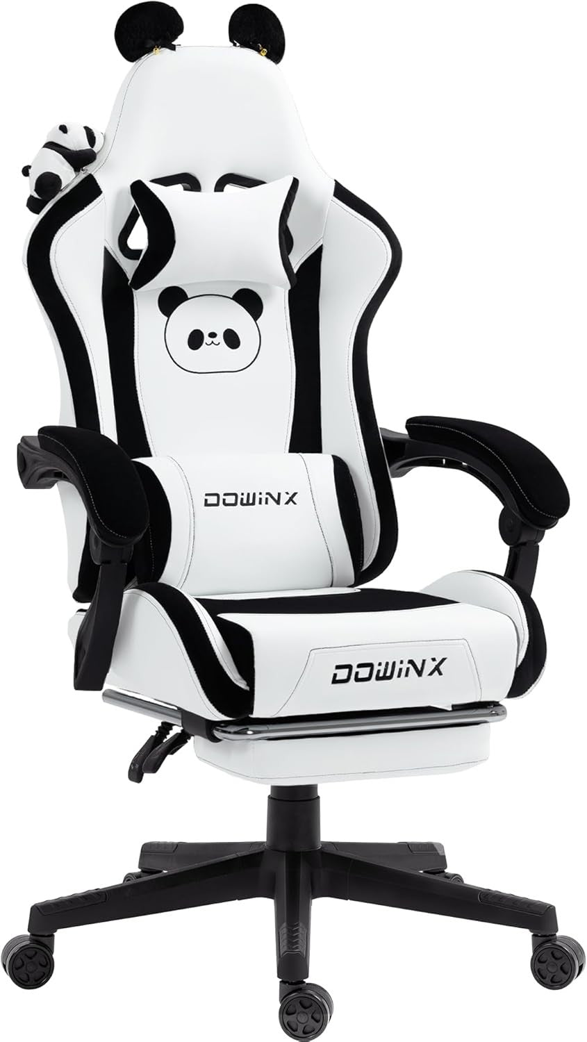Cute Panda Ear Gaming Chair Massage Lumbar Footrest 290lbs