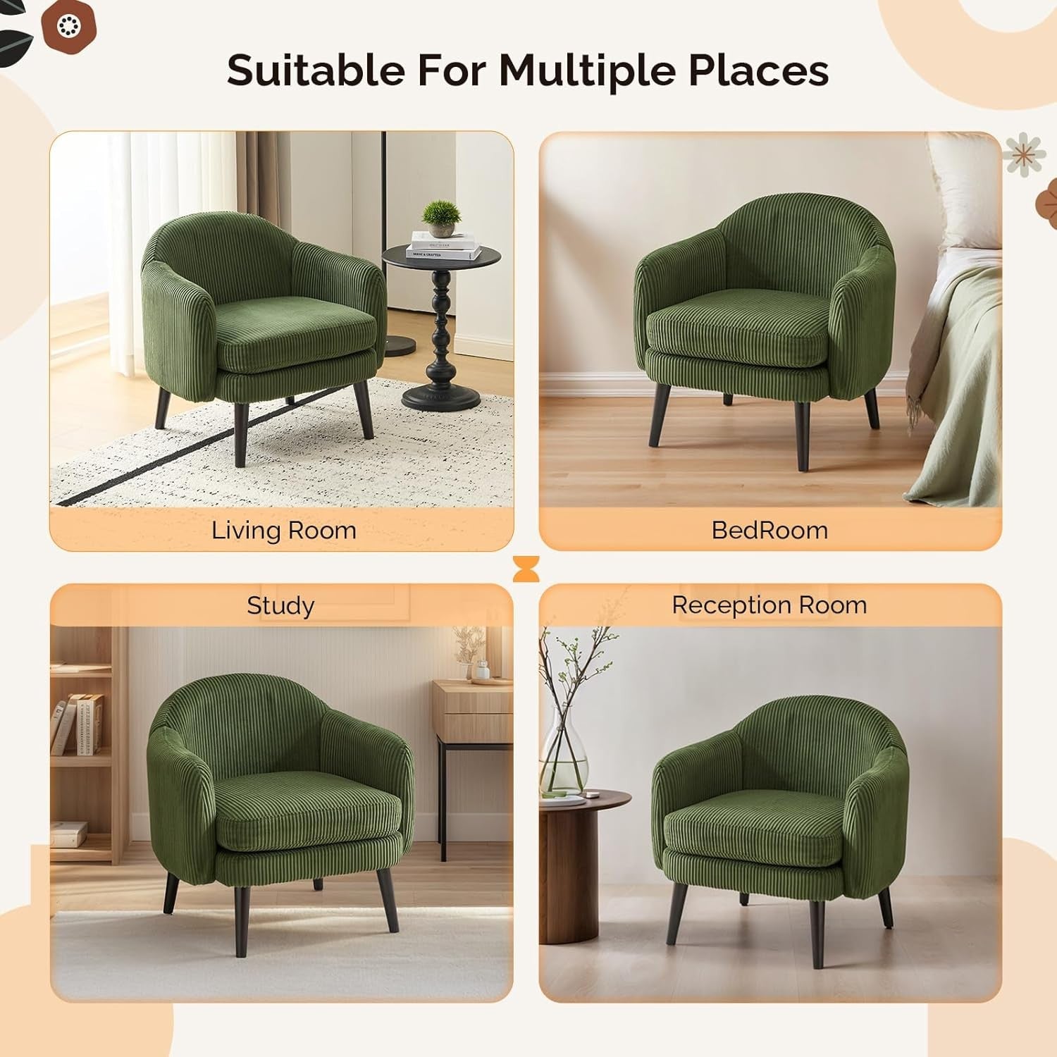 Modern Corduroy Armchair Wide Accent Chair Dark Green Wood Legs