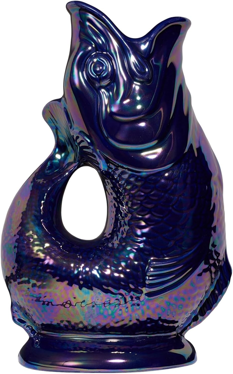 Blue Lustre XL Gluggle Jug 1.4L – Iridescent Ceramic Fish Pitcher & Vase Décor