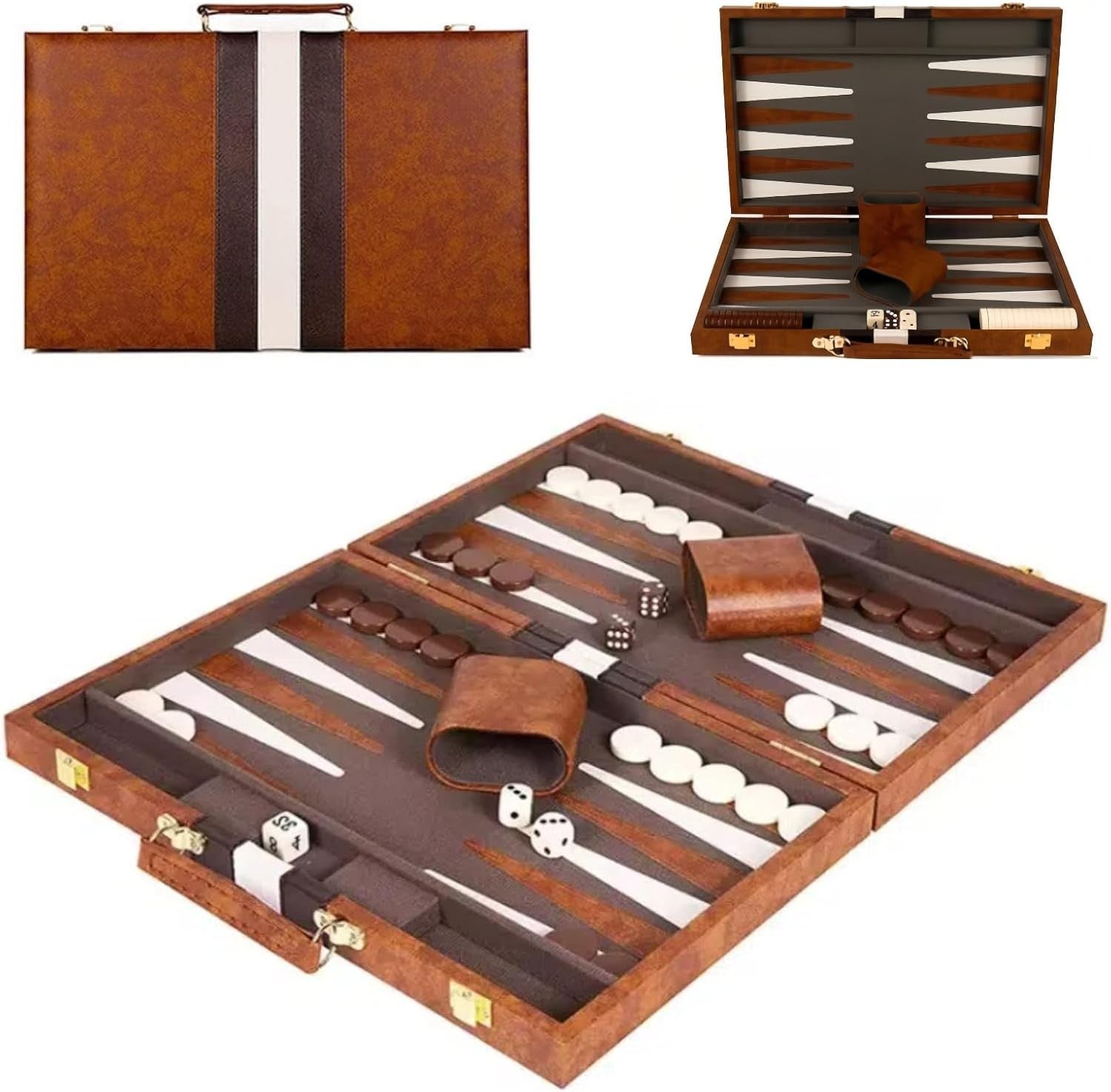 15” Backgammon Set Travel Leather Case Folding Board Luxury Strategy Game