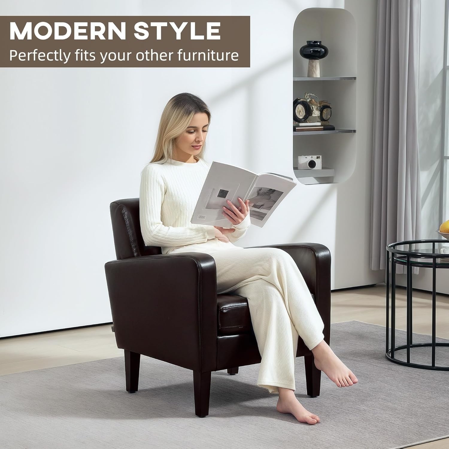 Modern Faux Leather Armchair with Eucalyptus Wood Legs | Comfortable Lounge Seat