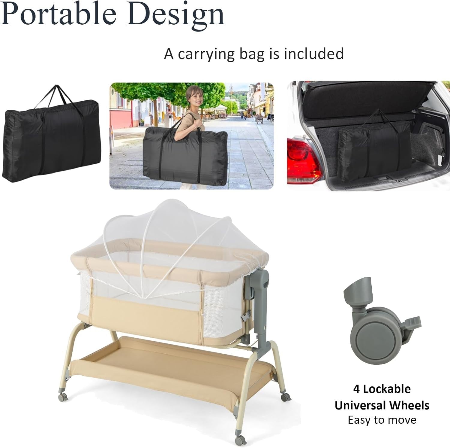 4-in-1 Baby Bedside Crib with Adjustable Height, Mosquito Net & Storage Beige
