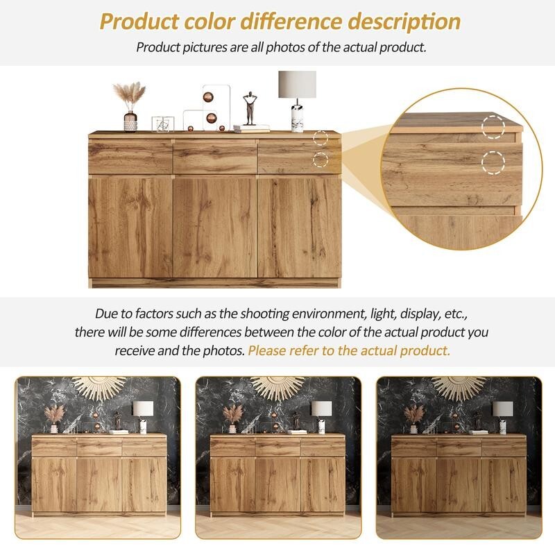 Oak Sideboard Buffet Cabinet with 3 Drawers 3 Doors Storage Unit 135cm