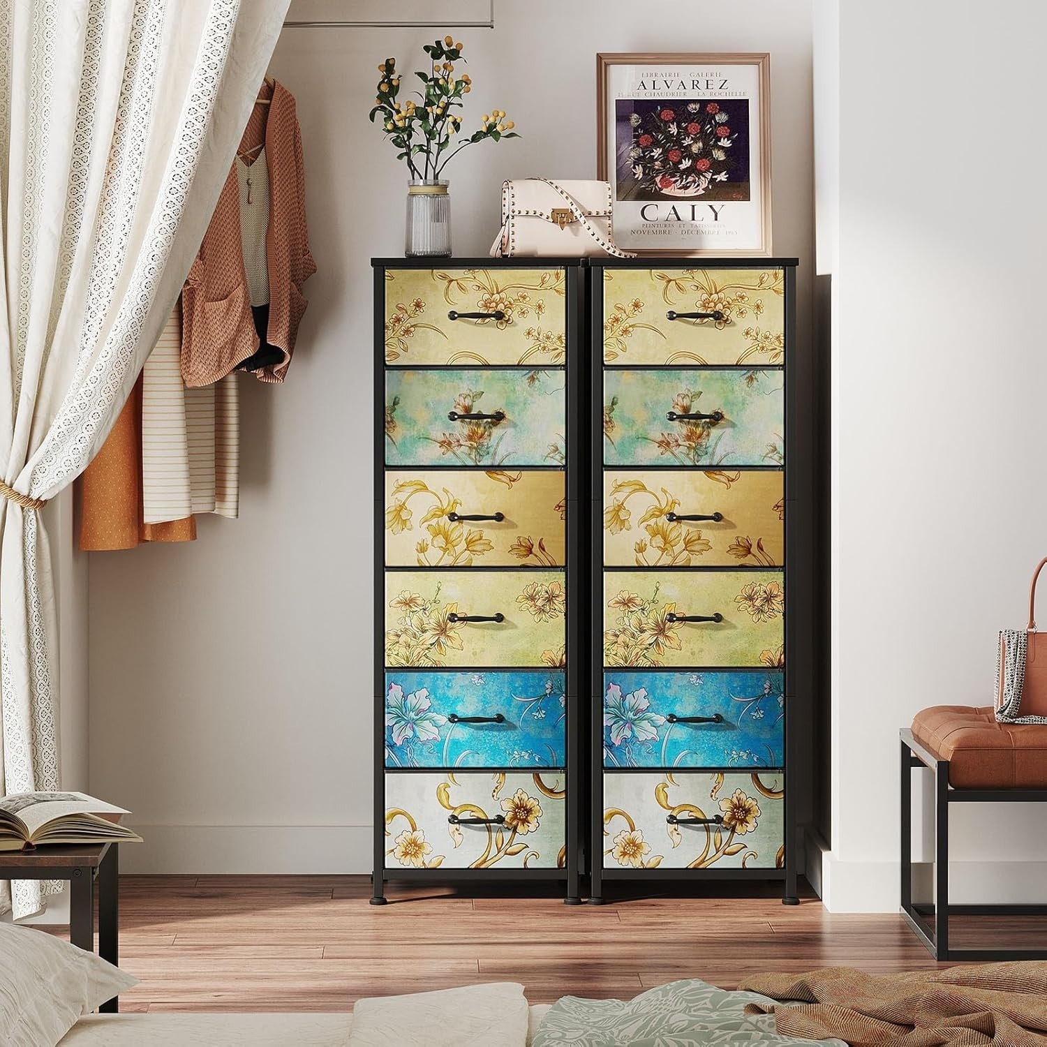 6 Drawer Fabric Chest Floral Storage Cabinet Bedroom Organizer Dresser