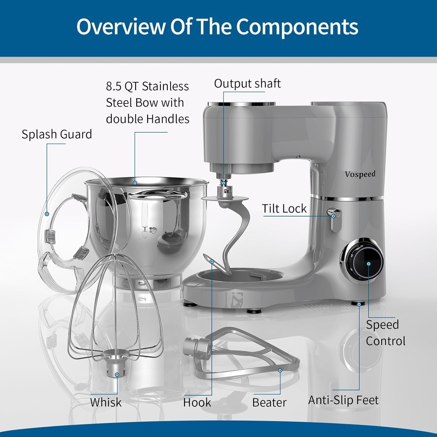 2000W Stand Mixer 8L Bowl Dough Hook Beater Whisk Tilt-Head Kitchen Chef