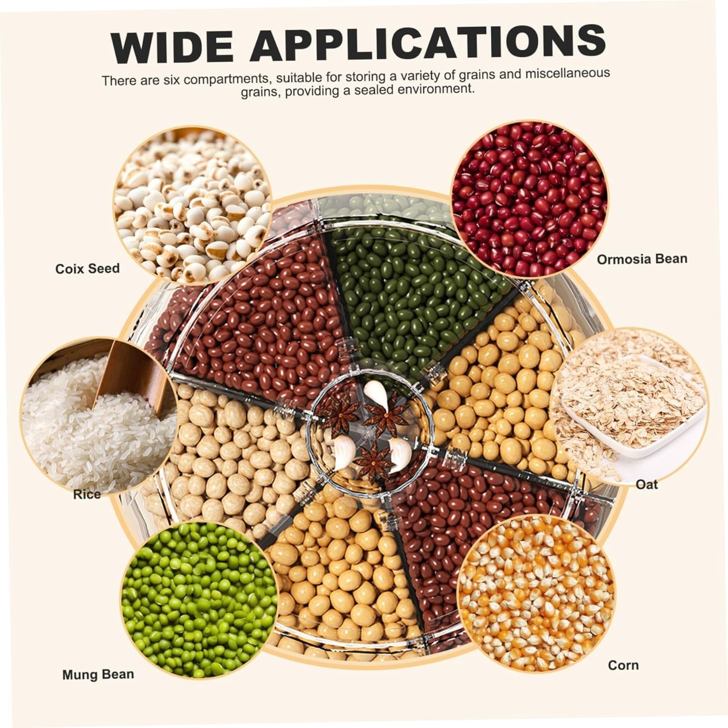 360° Rotating Cereal Dispenser 6 Grid Grain Storage Container Bin