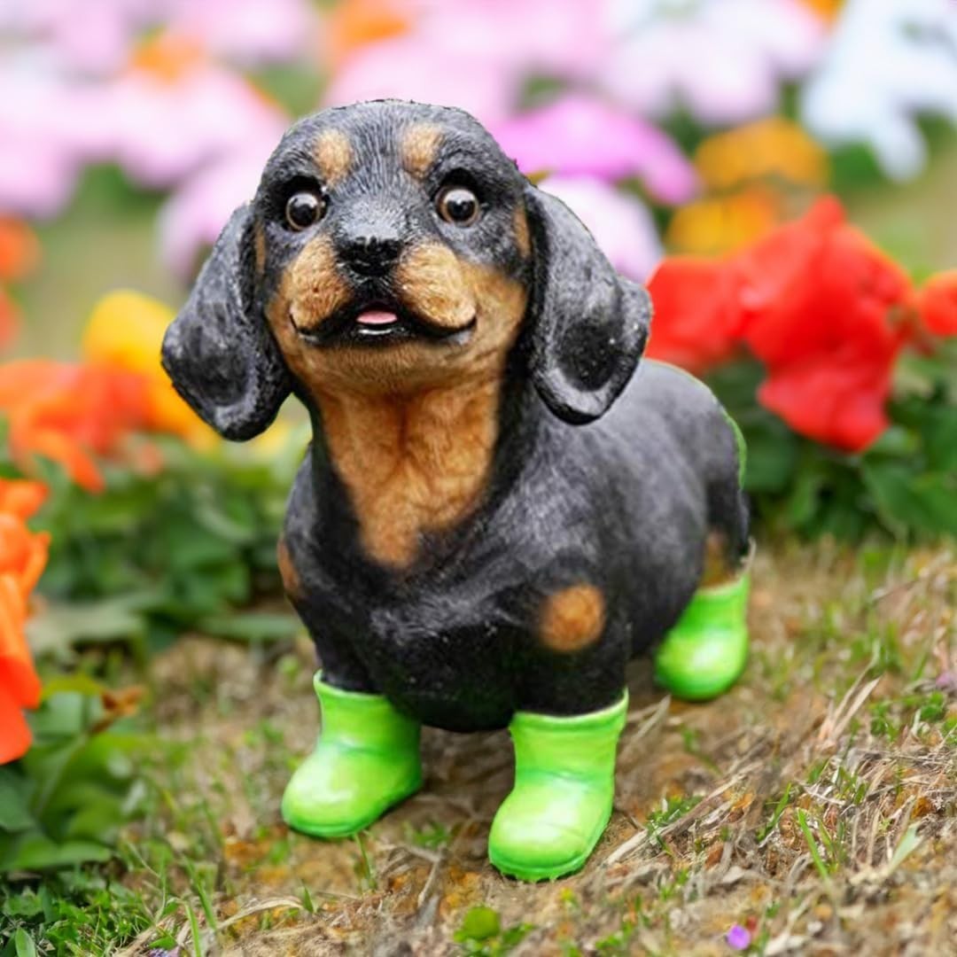 Miniature Dachshund Dog Garden Ornament 26cm Resin Sausage Dog in Boots Decor