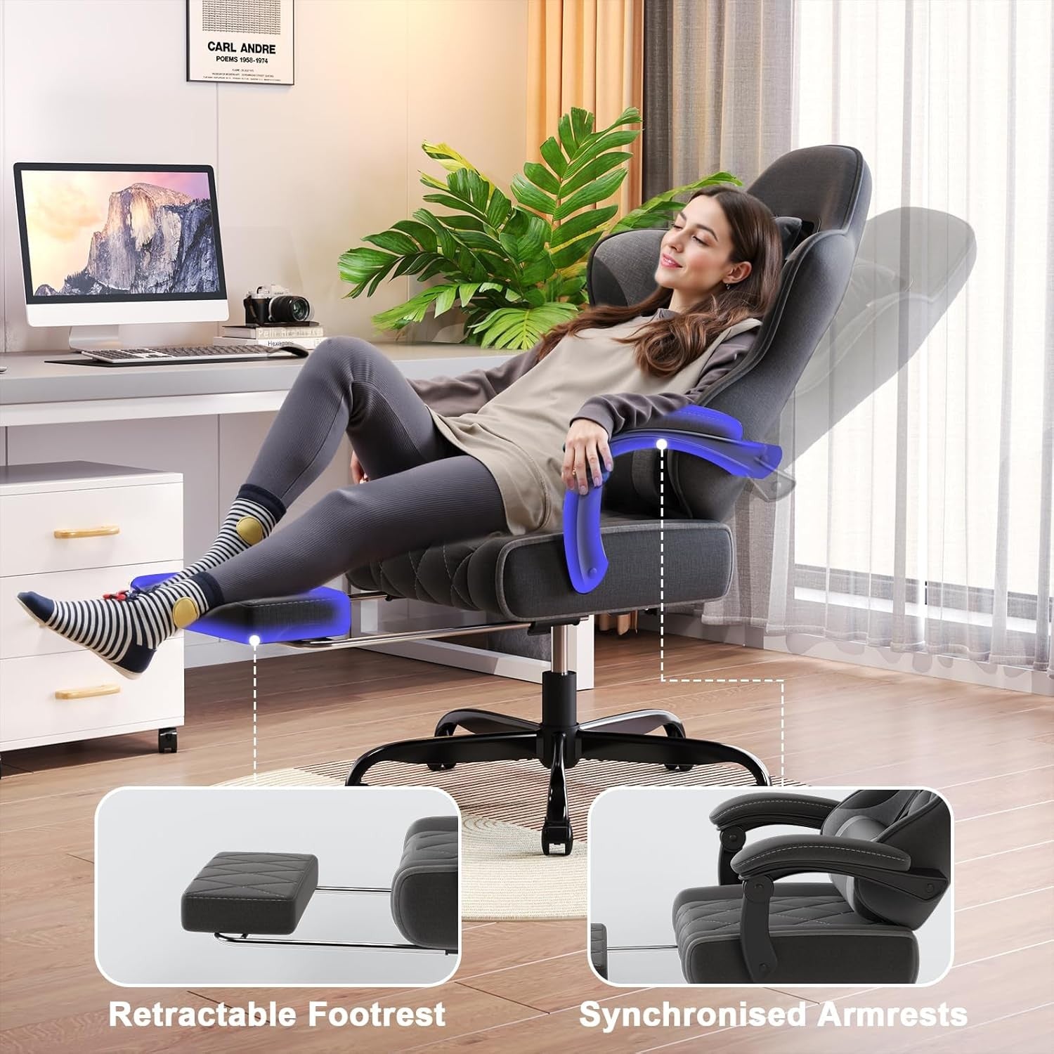 Ergonomic Fabric Gaming Chair Recliner w/ Footrest & Lumbar Support
