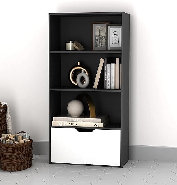 Modern 4-Tier Wide Bookcase with Cupboard Storage – Black & White Shelf Unit