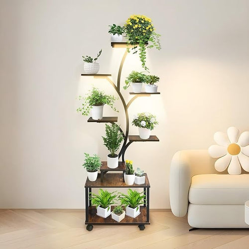 8 Tier Metal Wood Plant Stand with Grow Light Tall Flower Shelf Indoor Outdoor