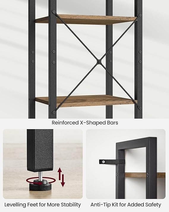 6-Tier Industrial Bookshelf Slim Wheat Brown Metal Wood Tall Storage Unit
