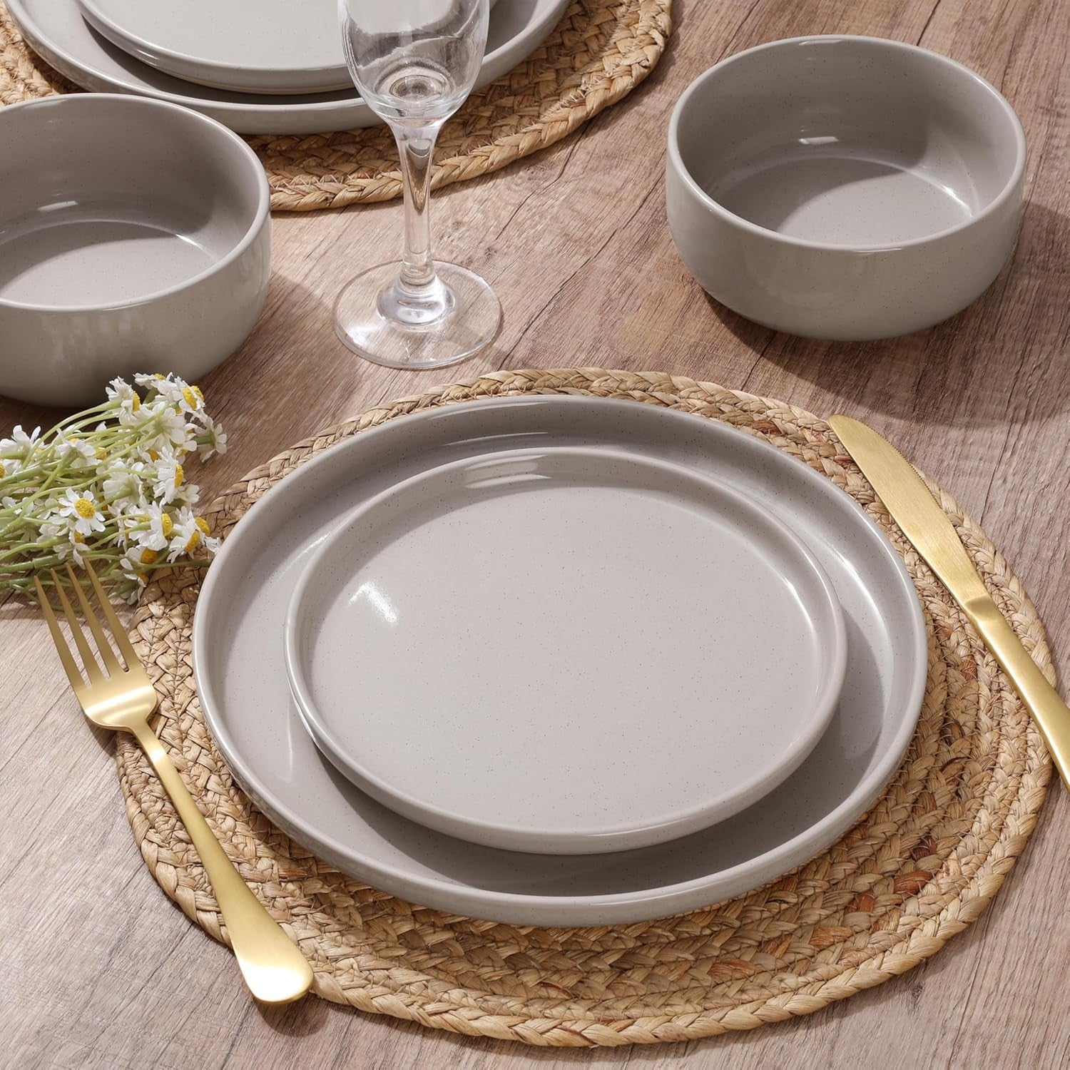 6pc Stoneware Dinnerware Set Plates Bowls Speckled Cream for 2