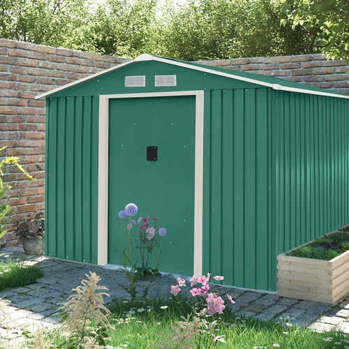 Outdoor Metal Garden Shed 8x10’ Green Lockable Sliding Door Storage