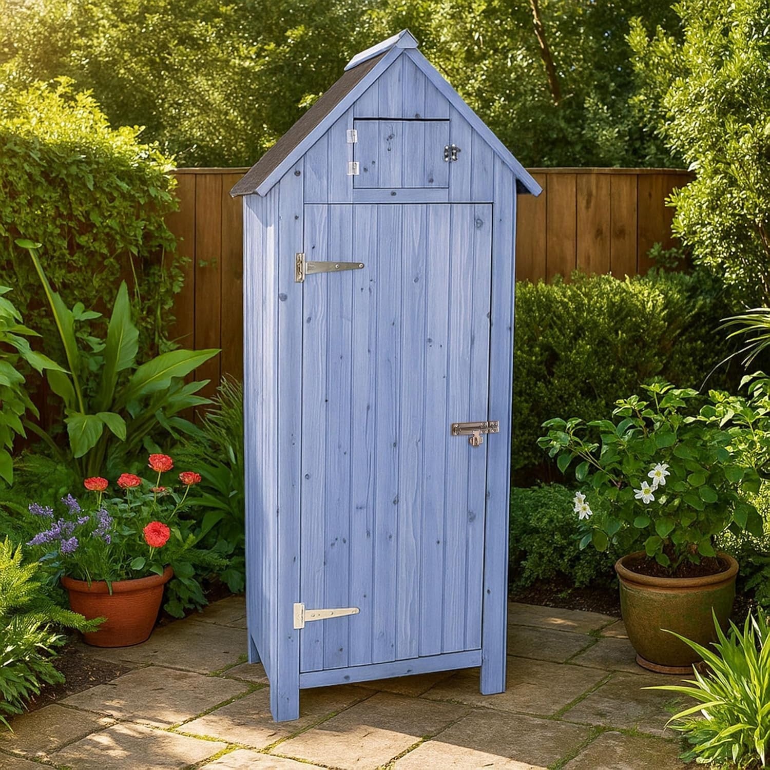 Blue Wooden Garden Tool Cabinet Shed with Lockable Shelves & Storage