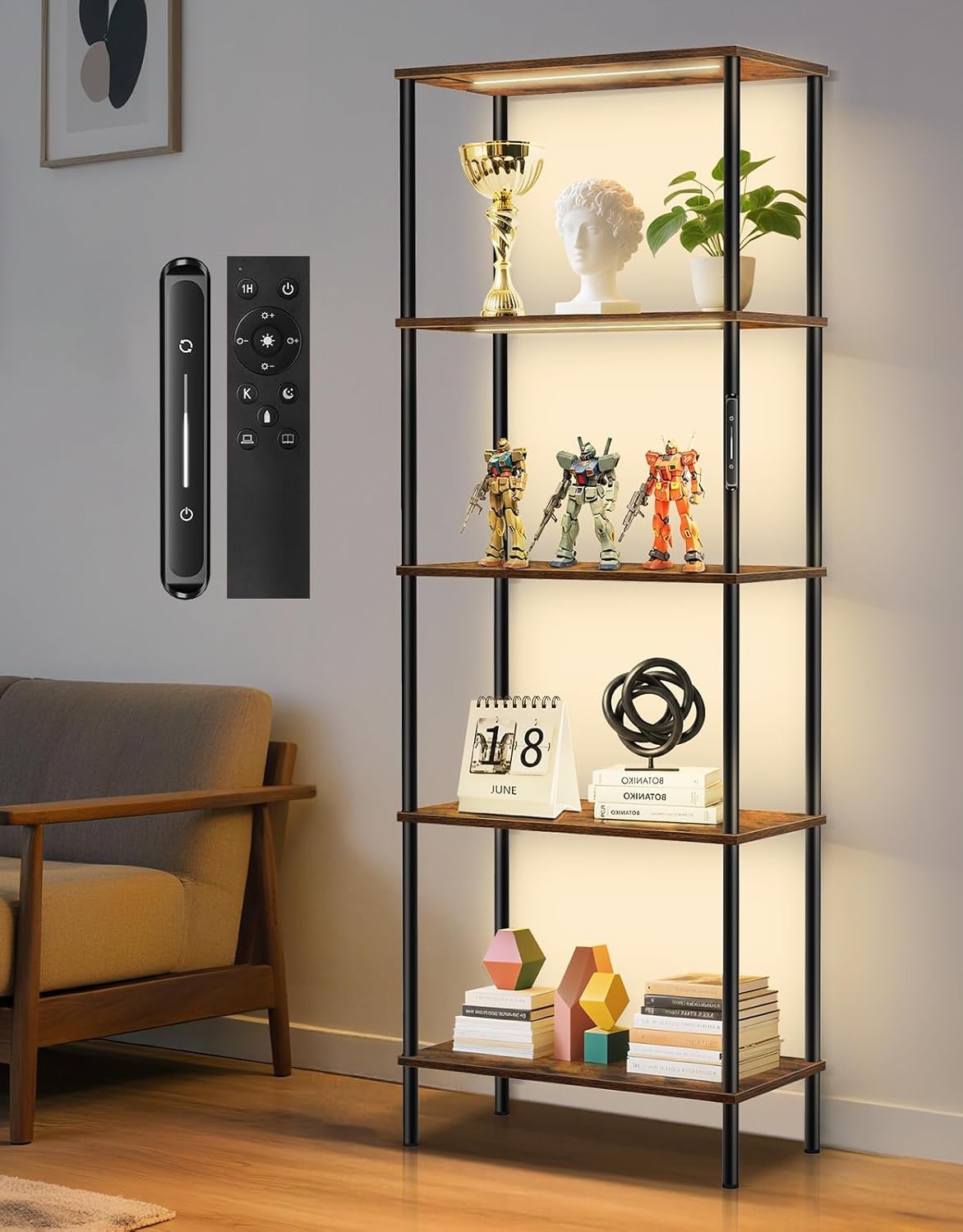 5 Tier LED Bookshelf Industrial Display Cabinet with Remote Control Storage Unit