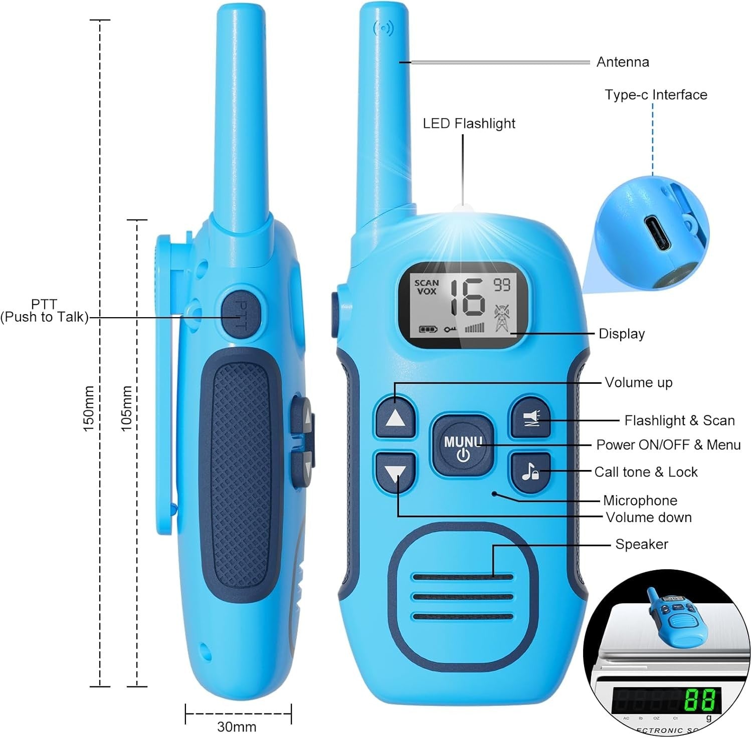 Rechargeable Walkie Talkies Kids Adults 2 Pack PMR446 VOX Long Range