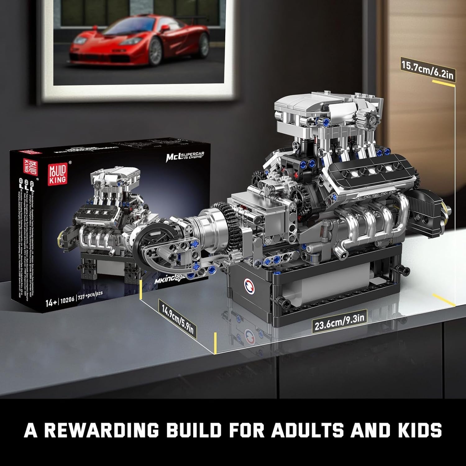 V8 Engine Model Kit with Motor 737pcs – Realistic Car Engine Toy