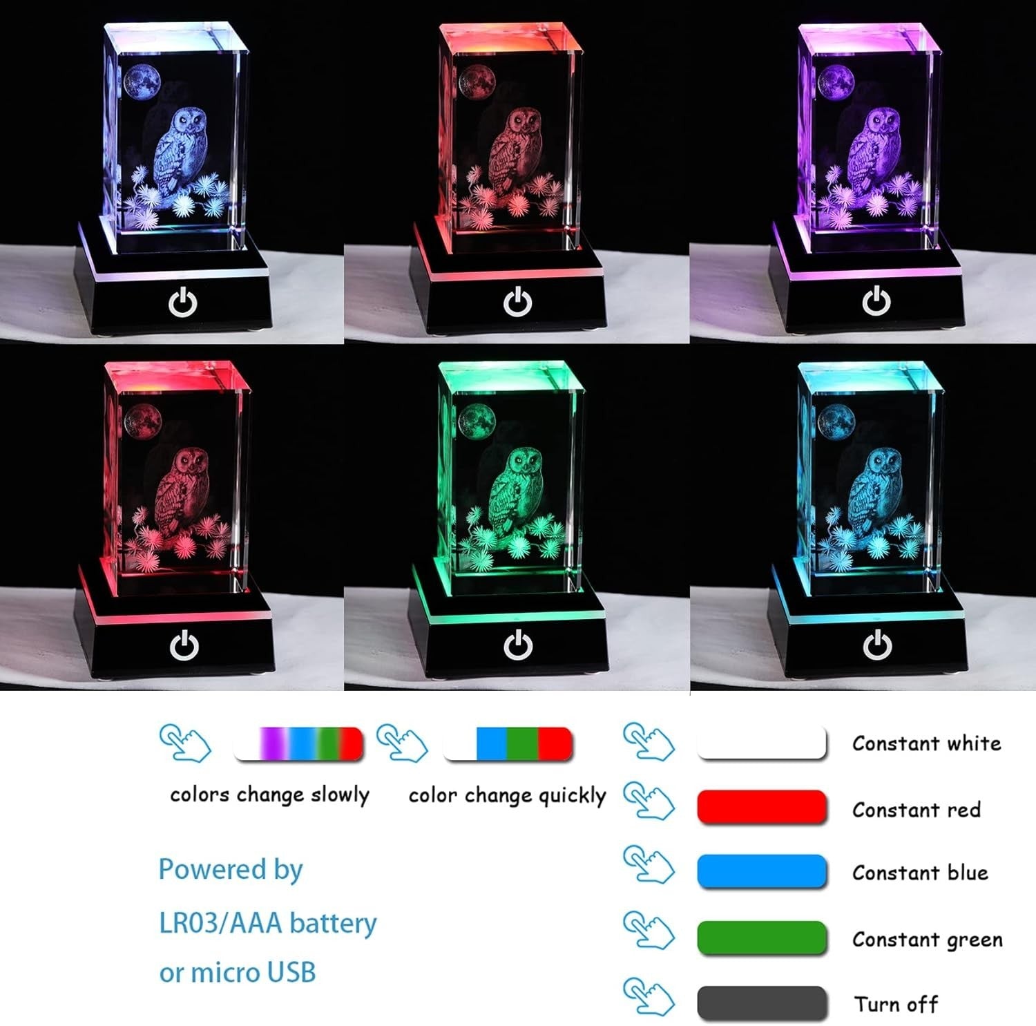 3D Crystal Owl Figurine with LED Base • Engraved Glass Night Light Gift Decor