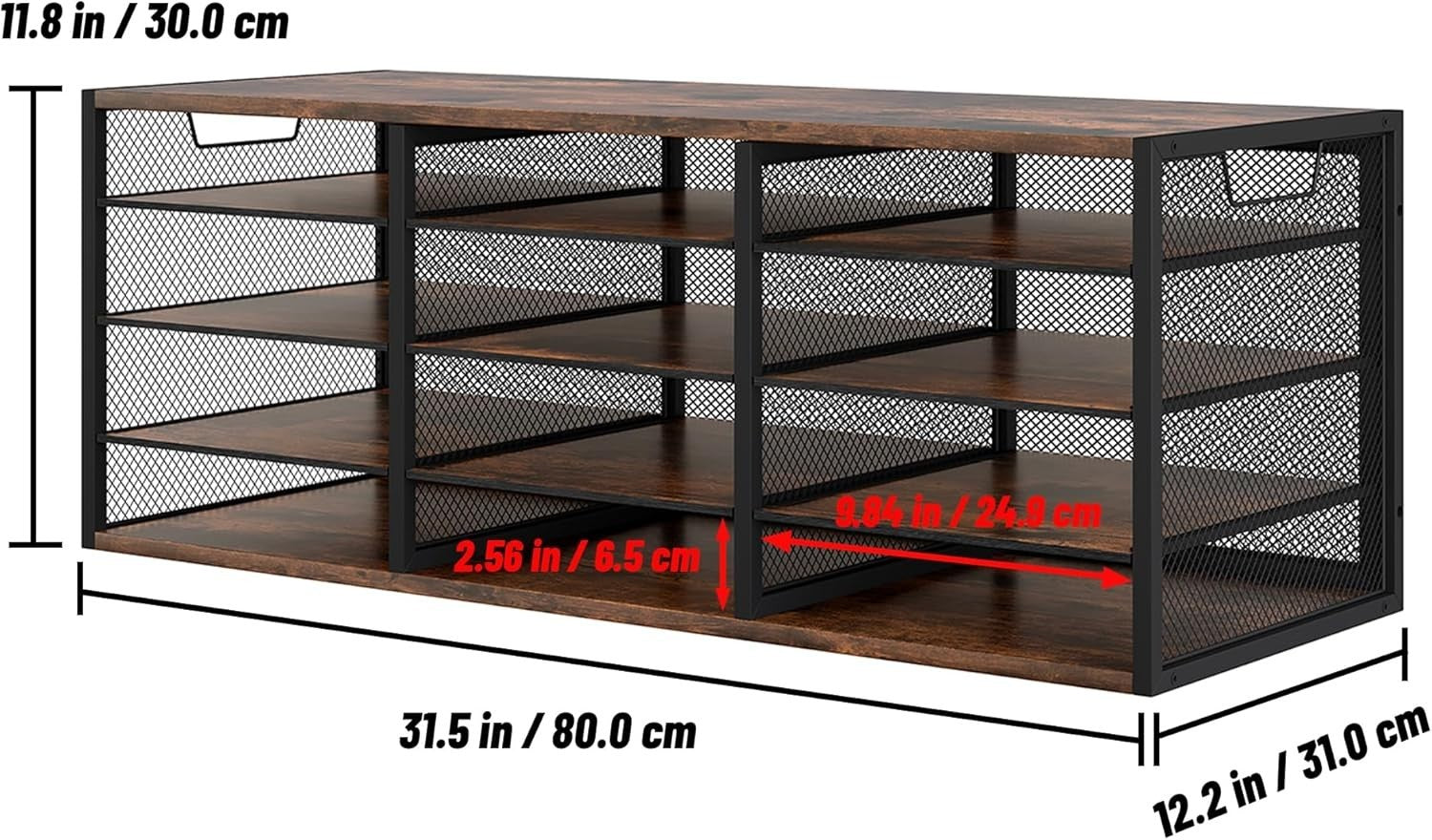 Metal & Wood Desk Paper Organizer 12 Compartments A4 Sorter