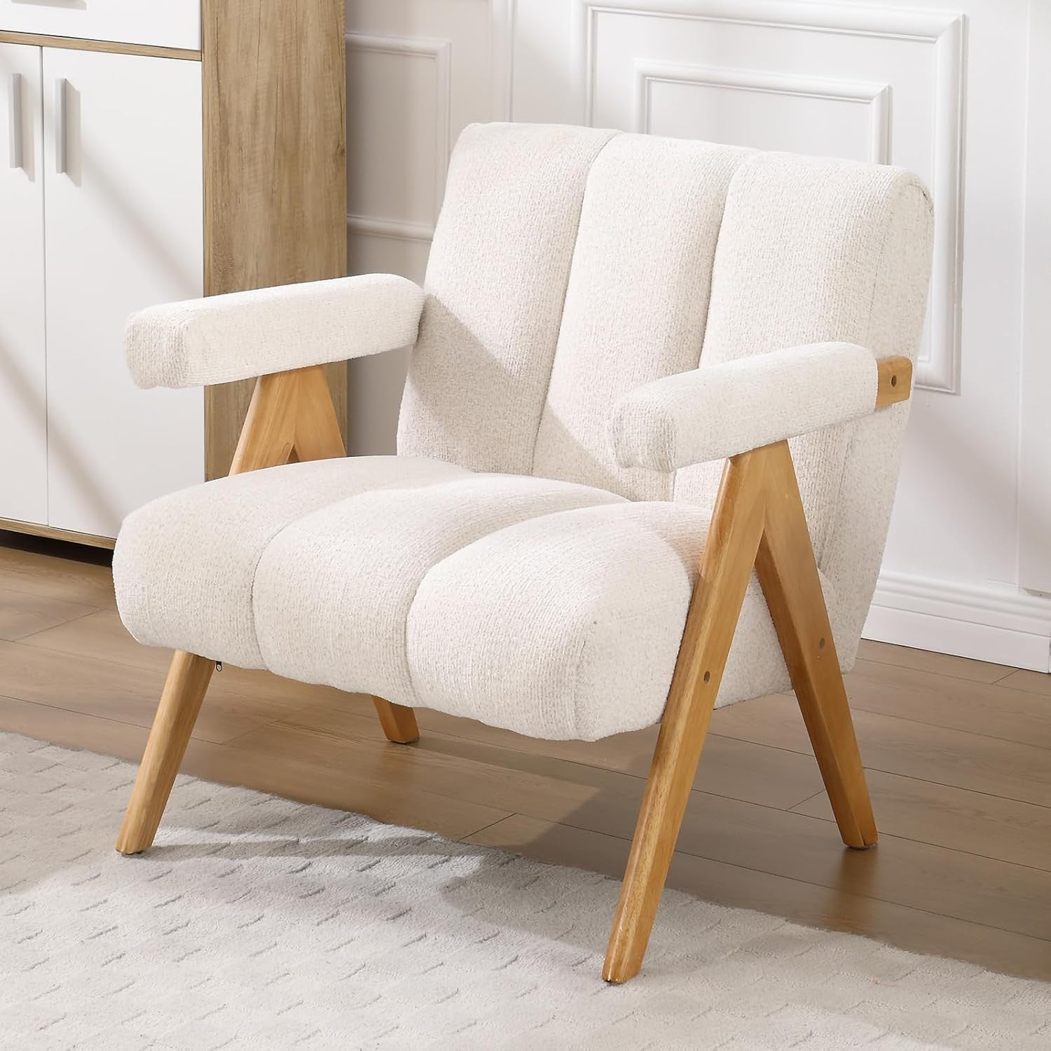 Chenille Accent Armchair Oatmeal Lounge Chair Solid Wood Legs