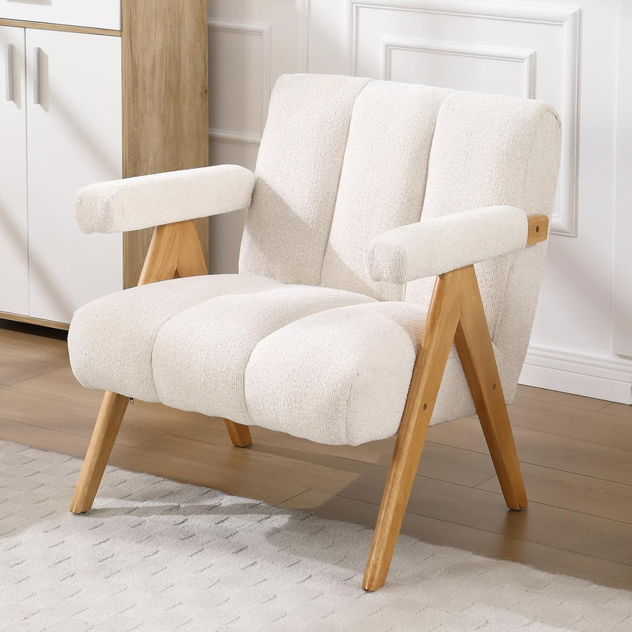 Chenille Accent Armchair Oatmeal Lounge Chair Solid Wood Legs