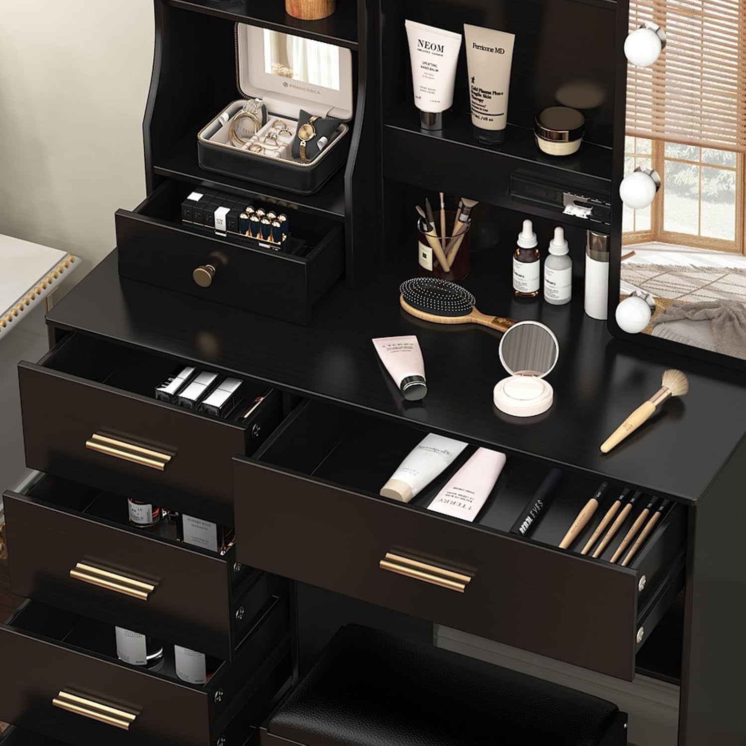 Makeup Vanity Table Set w/ 3-Color LED Lights, 12 Storage Spaces & Padded Stool