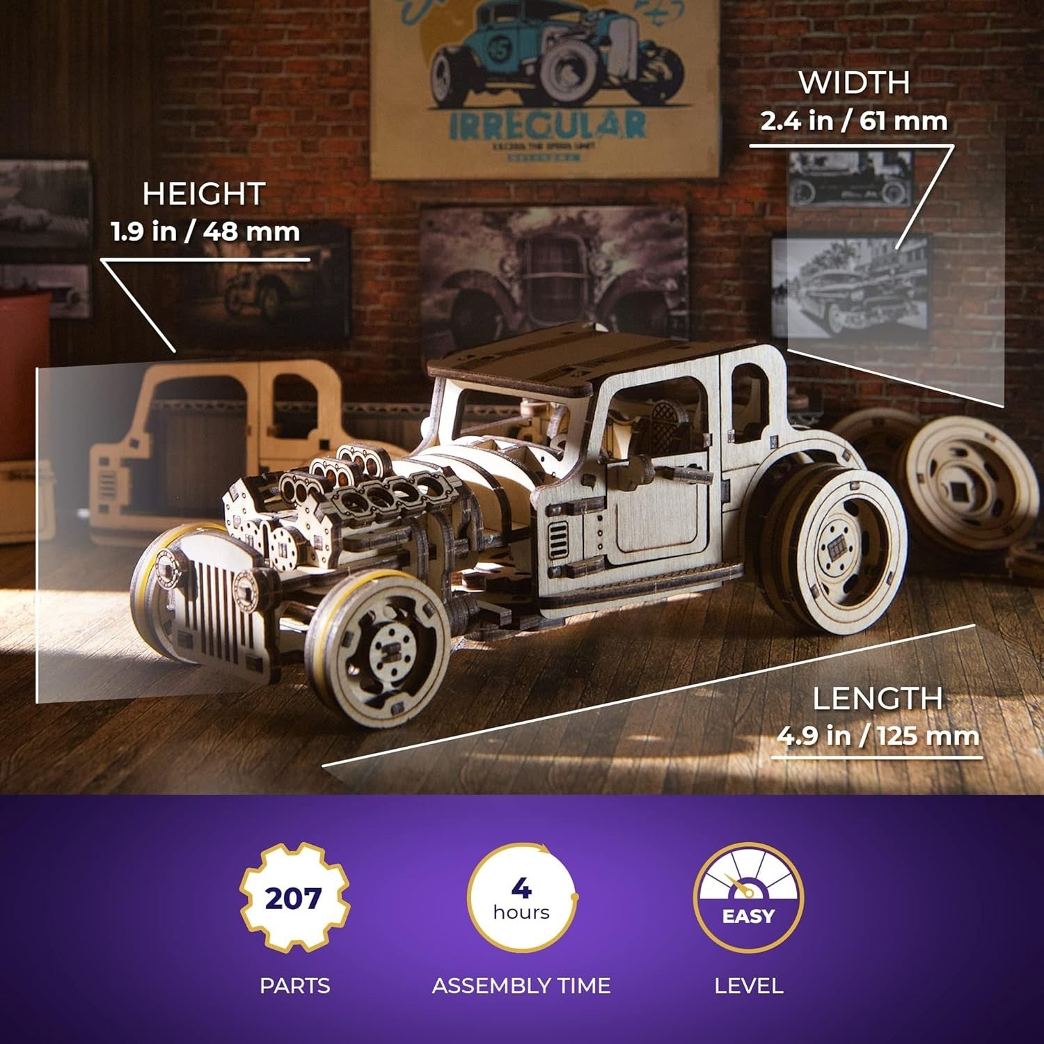 Dual Engine Wooden Car Model Kit with Steering & Locking Doors - DIY Build