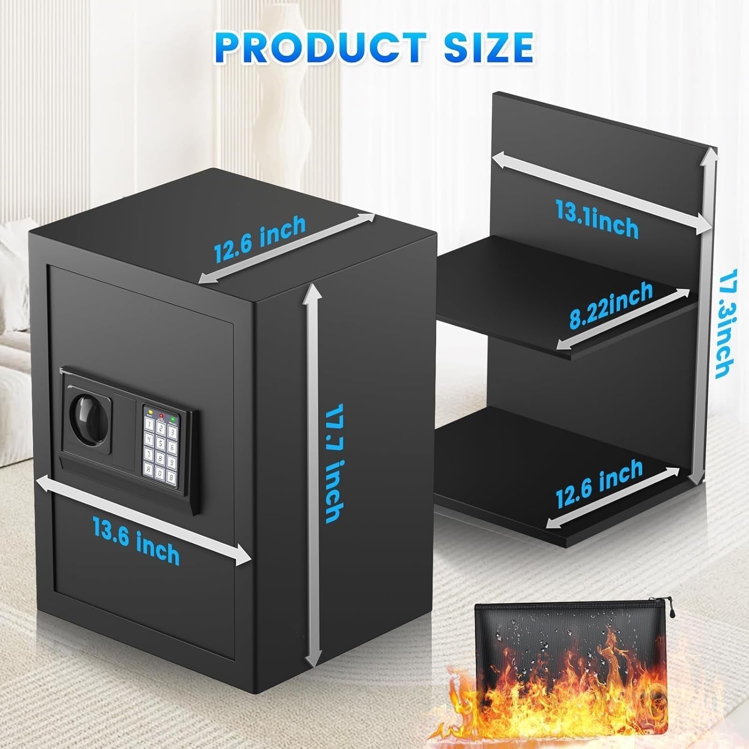68L Digital Safe Box Fireproof Bag Alarm Wall Floor Mount Black