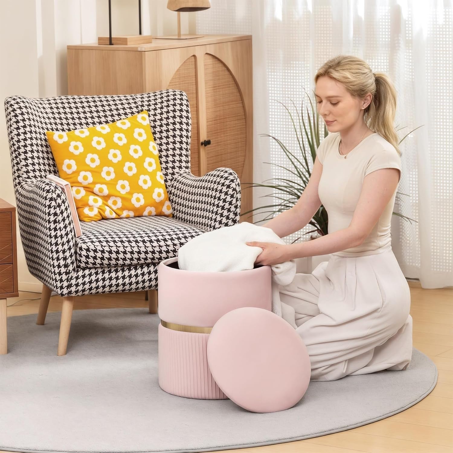 Pink Velvet Storage Stool Round Ottoman Padded Seat Vanity Footstool
