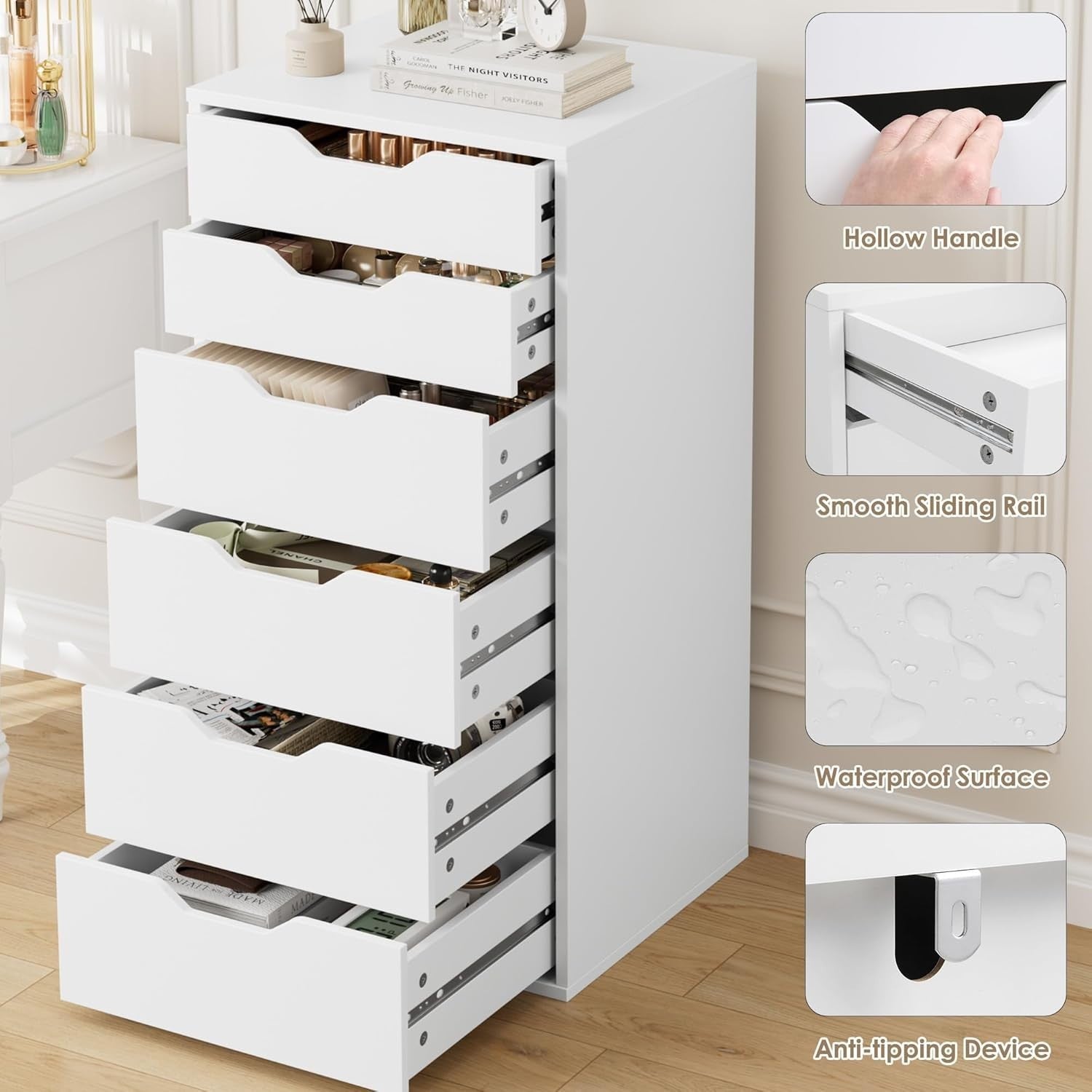 Tall 6-Drawer White Chest Storage Cabinet for Bedroom Hallway Living Room
