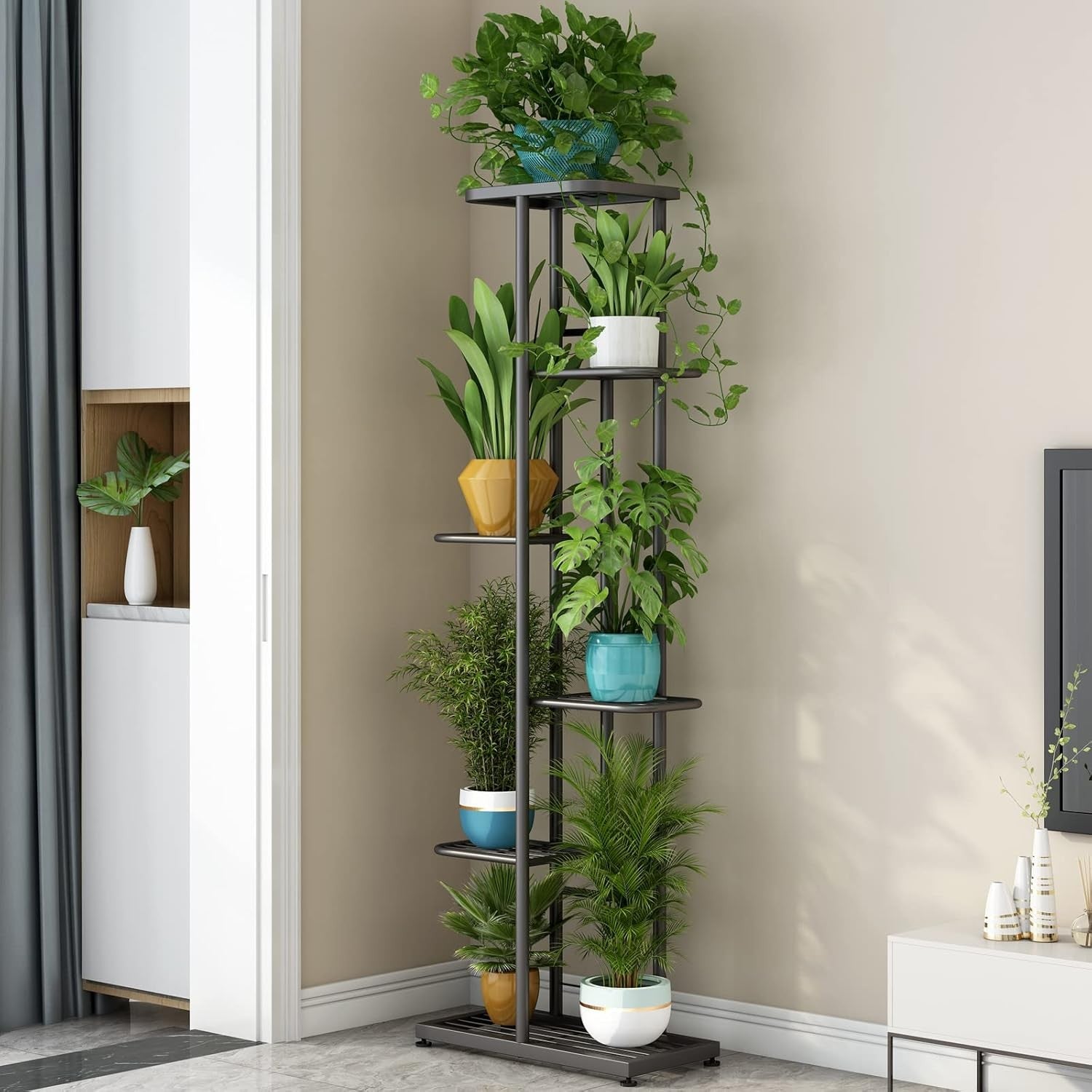 6 Tier Metal Plant Stand Indoor Outdoor Multi Pot Display Rack Dark Grey