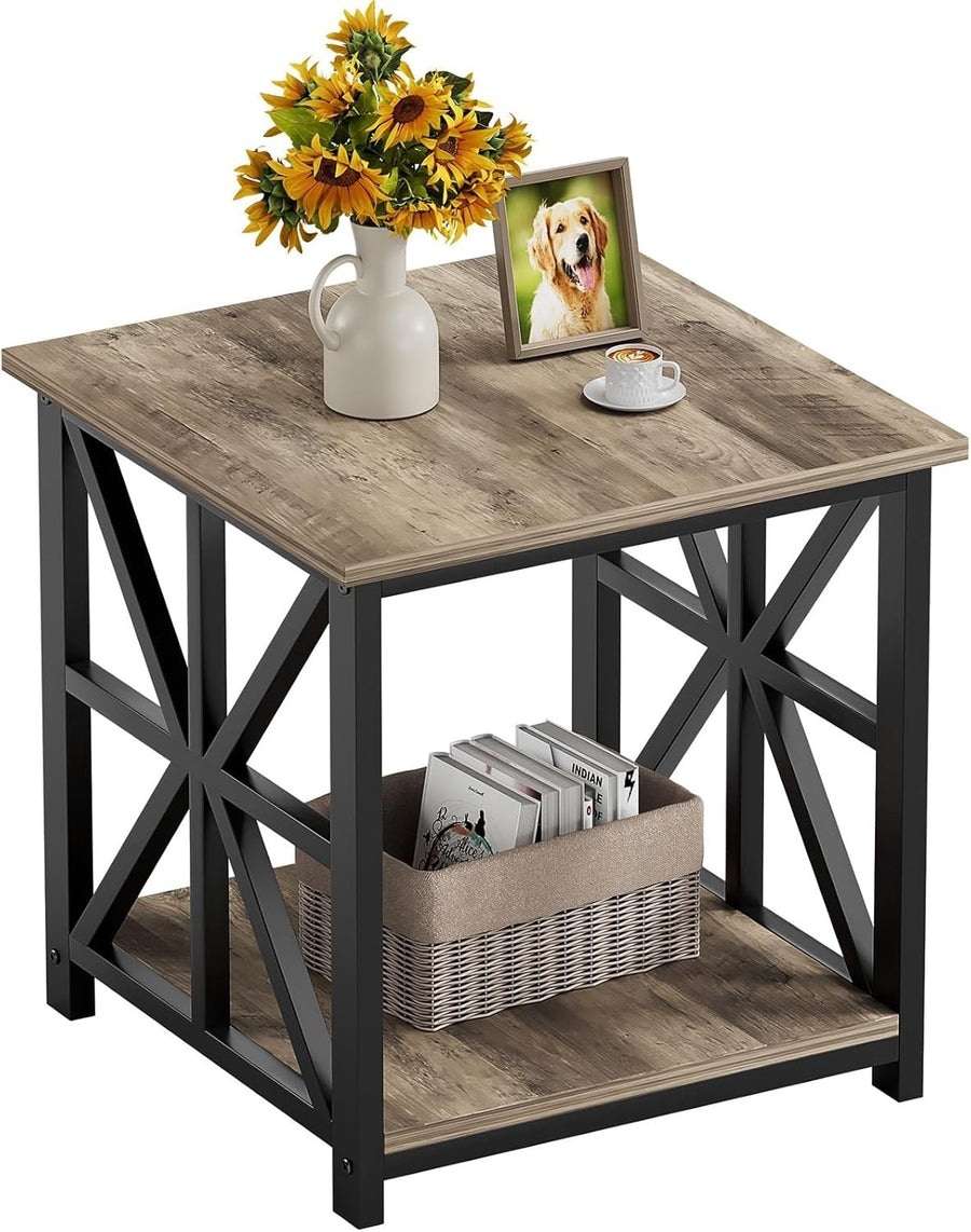 2-Tier Storage Side Table 50x50cm Square End Table Grey Wash Durable