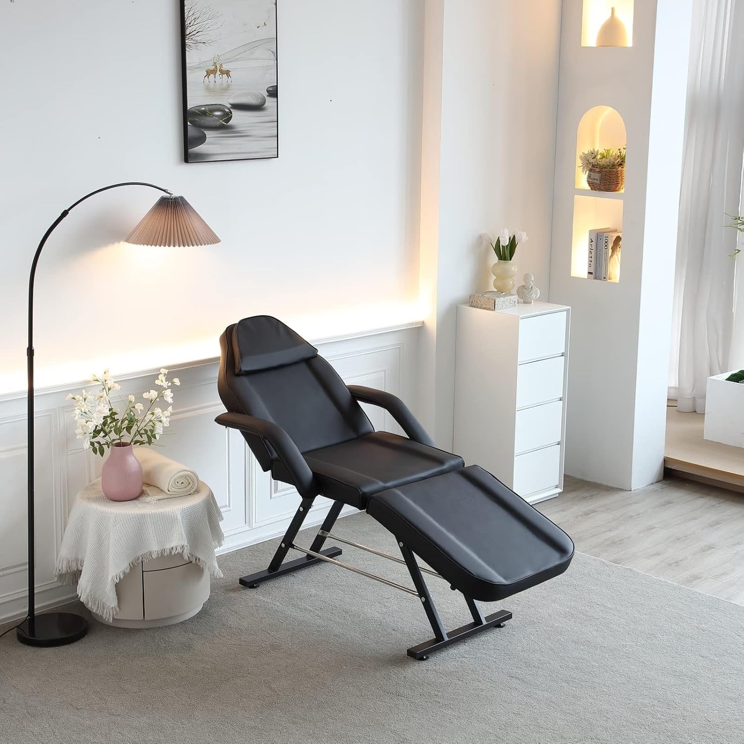 Adjustable 3-Section Beauty Massage Bed w/ Head Cushion & Swivel Stool Black
