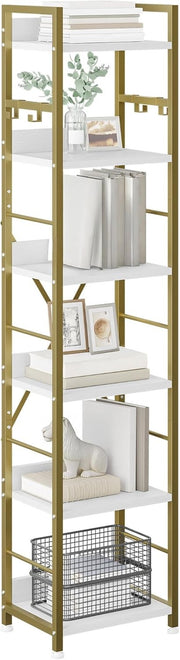Gold 6-Tier Tall Bookcase | Metal Frame Storage Shelf with Hooks for Home & Offi