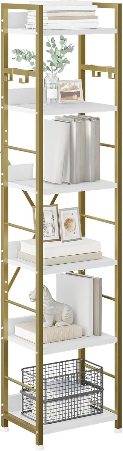 Gold 6-Tier Tall Bookcase | Metal Frame Storage Shelf with Hooks for Home & Offi