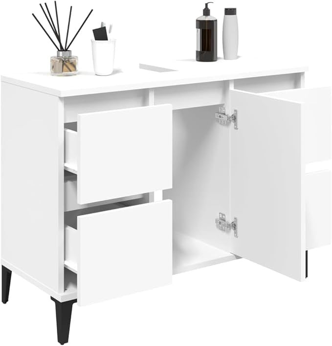 White Under Sink Bathroom Cabinet 80cm Modern Vanity Unit with Drawers & Door