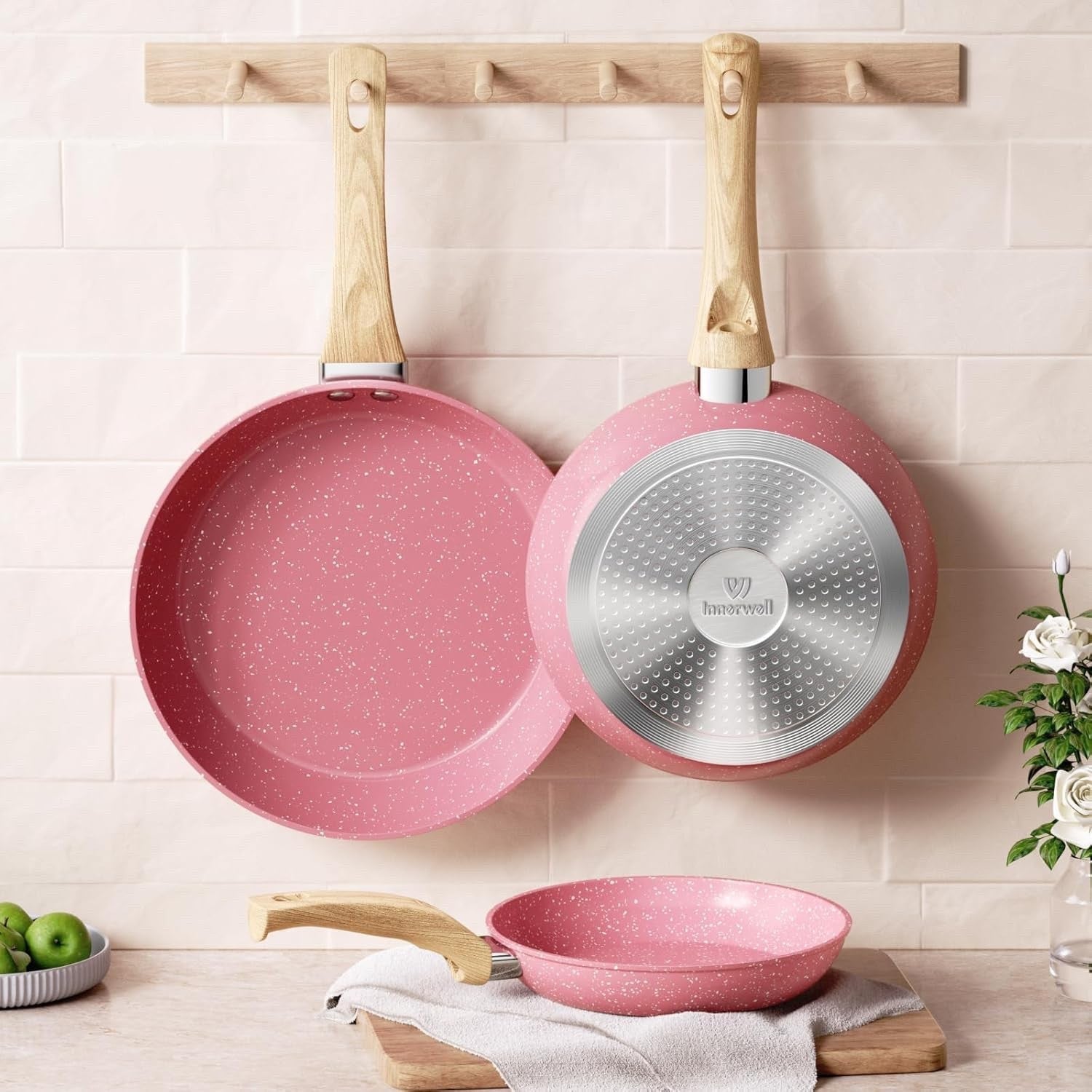3Pcs Pink Non Stick Frying Pan Set with Lids 20cm 24cm 28cm Induction Ready