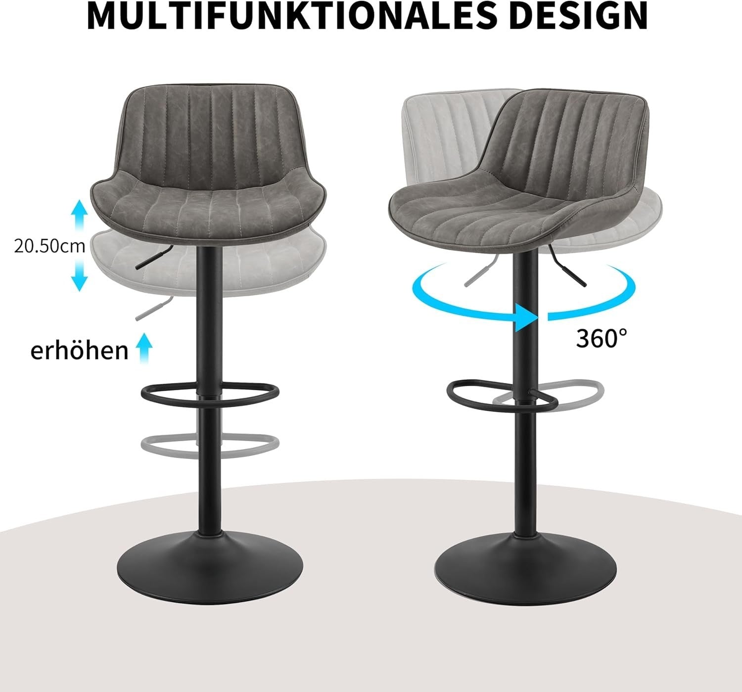 Grey Bar Stools Set of 2 | Memory Foam PU Seat, Adjustable Swivel, Oval